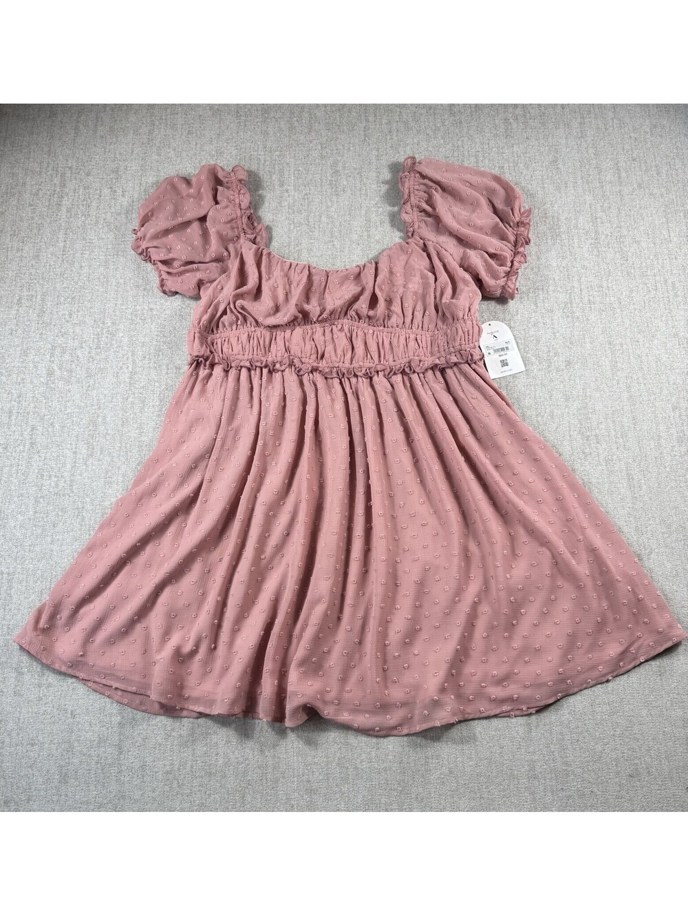 Arula Pink Swiss Dot Mini Dress Size A (1X) Puff Sleeve Square Neck NWT